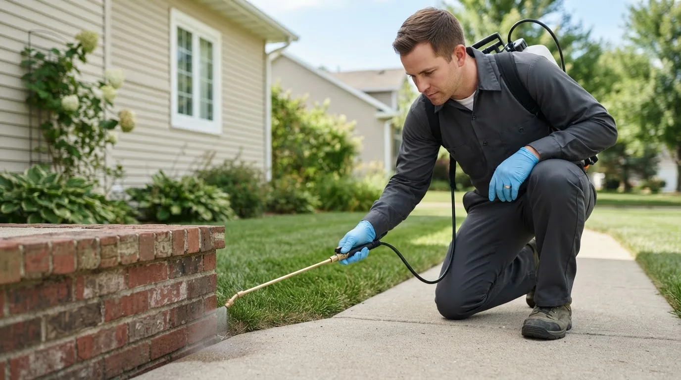 Pest control technician treating a home near Erbacon, WV