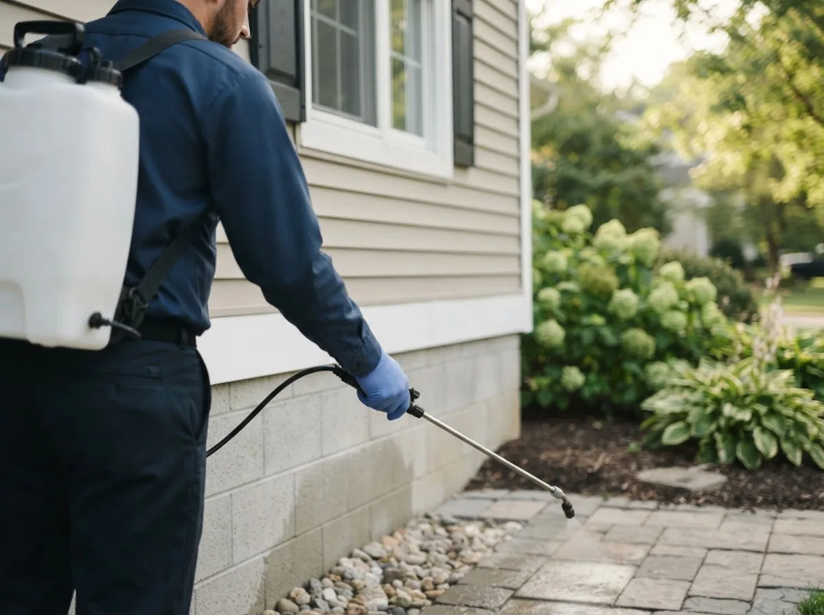 Pest control technician inspecting a home in Erbacon, WV